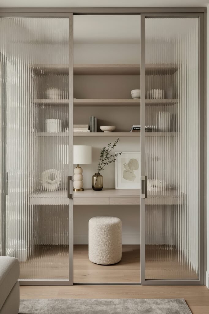 Closet Office (Cloffice) Ideas For A Chic, Calm Workspace 21 Modern closet office with ribbed glass sliding doors, floating desk, and neutral decor including a boucle stool and ceramic accents.