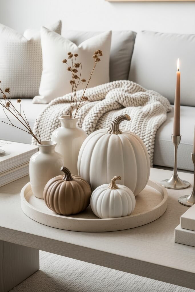 Modern, Cozy Ideas for Fall Thanksgiving Décor 21 A neutral-toned coffee table decorated with ceramic pumpkins, simple vases, a knit throw, and a single candle for a minimalist Thanksgiving décor.