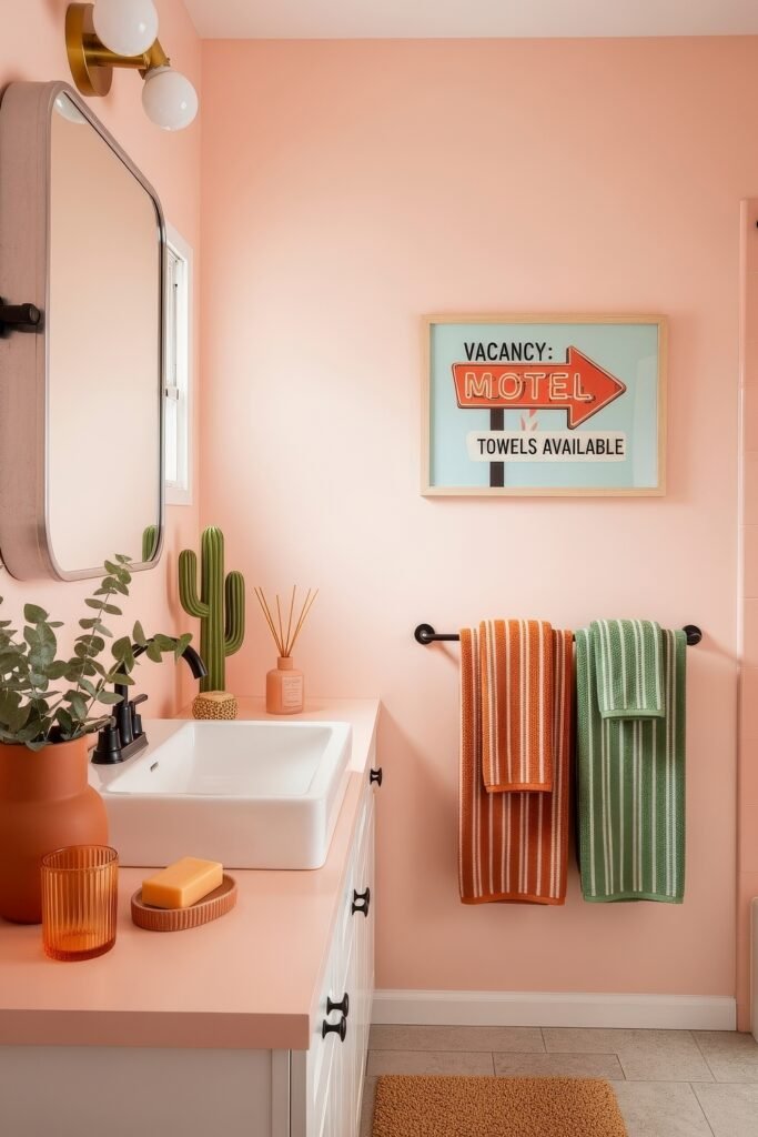 Small Changes, Big Smiles with funny bathroom decor 26 Retro-inspired bathroom decor with peach walls, striped towels, and a framed motel-style sign offering towels for a quirky funny bathroom decor accent.