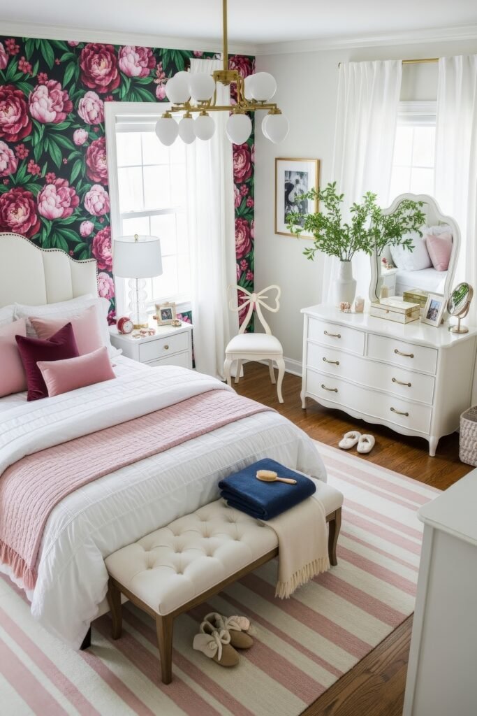 Fresh girls bedroom ideas for a stylish, cozy escape 22 Elegant bedroom with a bold floral accent wall, white furniture, and soft pink bedding with velvet throw pillows.