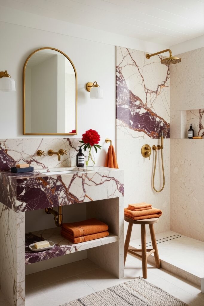 Bathroom Decor Inspo: Fresh Ideas for gold bathroom decor 21 Elegant bathroom with striking purple-veined marble vanity and shower wall, gold fixtures, arched mirror, and orange accents adding warmth.