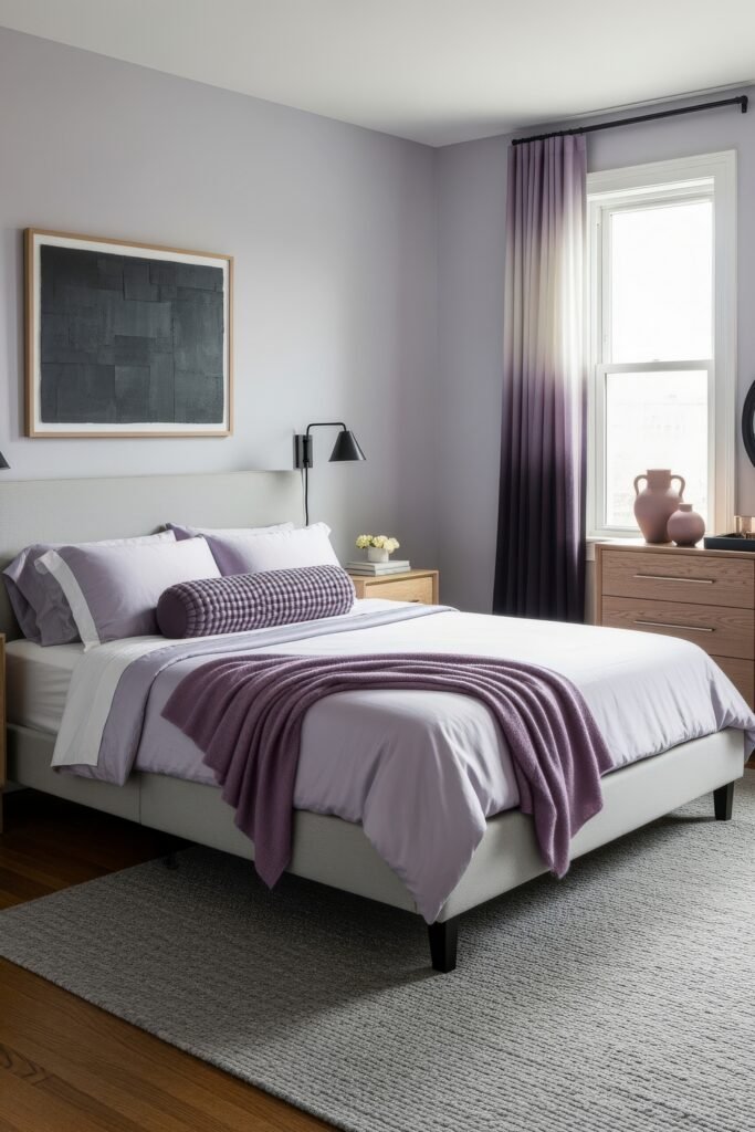 Grey bedroom ideas for a calm, stylish retreat 21 Modern bedroom with soft lavender walls, a light grey bed, purple bedding accents, and ombré curtains for a cozy yet stylish look.