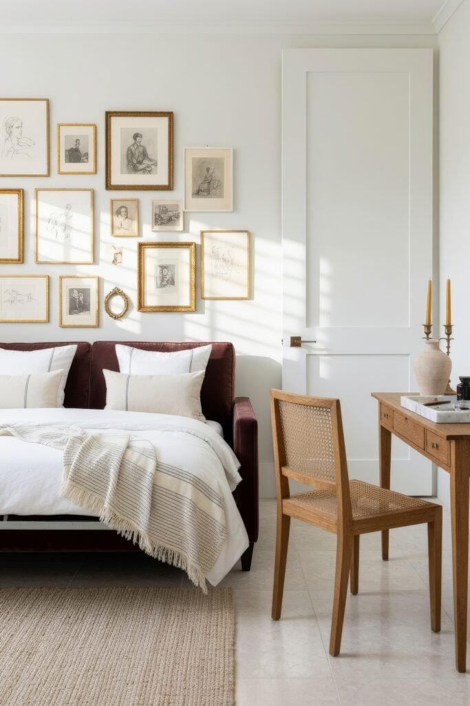 Clever Ways to Style a Home Office Guest Room Combo 19 Cozy home office guest room combo with a burgundy sofa bed, wood desk, and gallery wall of sketches in gold frames for an artistic touch.