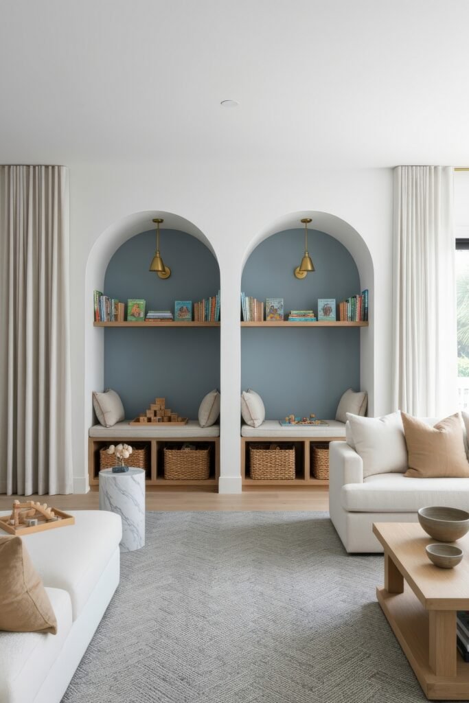 A Living Room Playroom Combo That Works 20 Contemporary playroom-living room combo with twin arched alcoves painted blue, cushioned benches, shelves of children’s books, and baskets underneath.