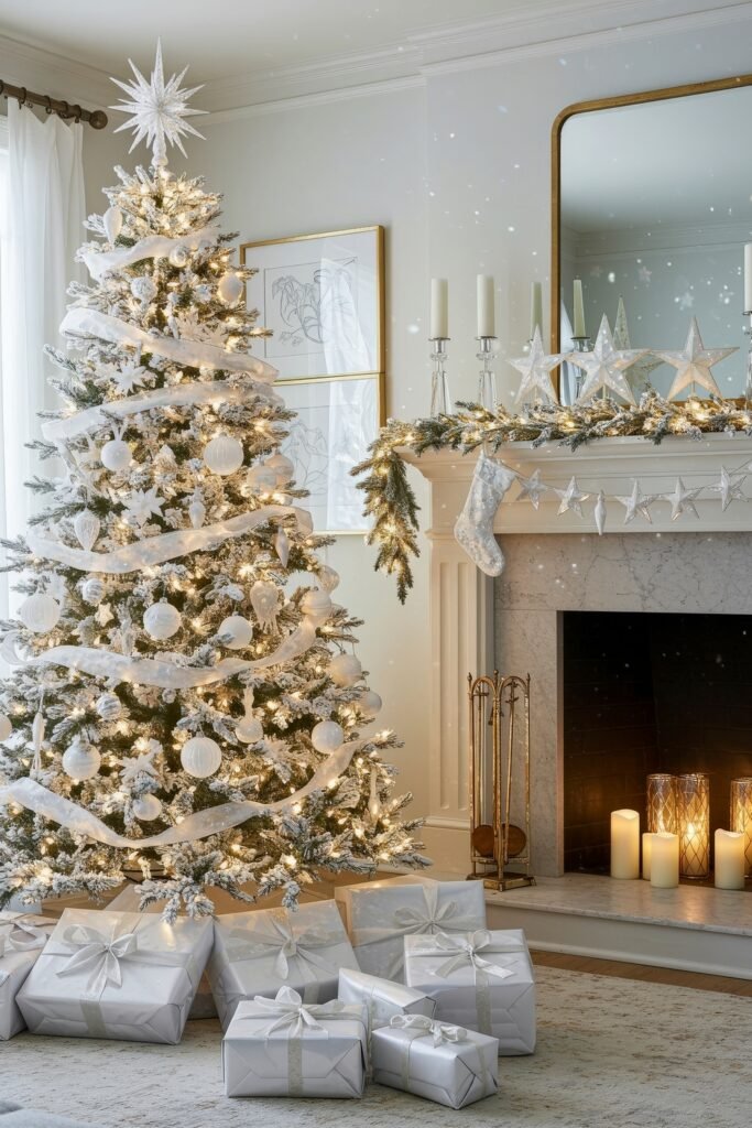 Living room with a flocked Christmas tree wrapped in white ribbon and glowing lights, silver gifts beneath, and a mantel decorated with stars, candles, and garland.