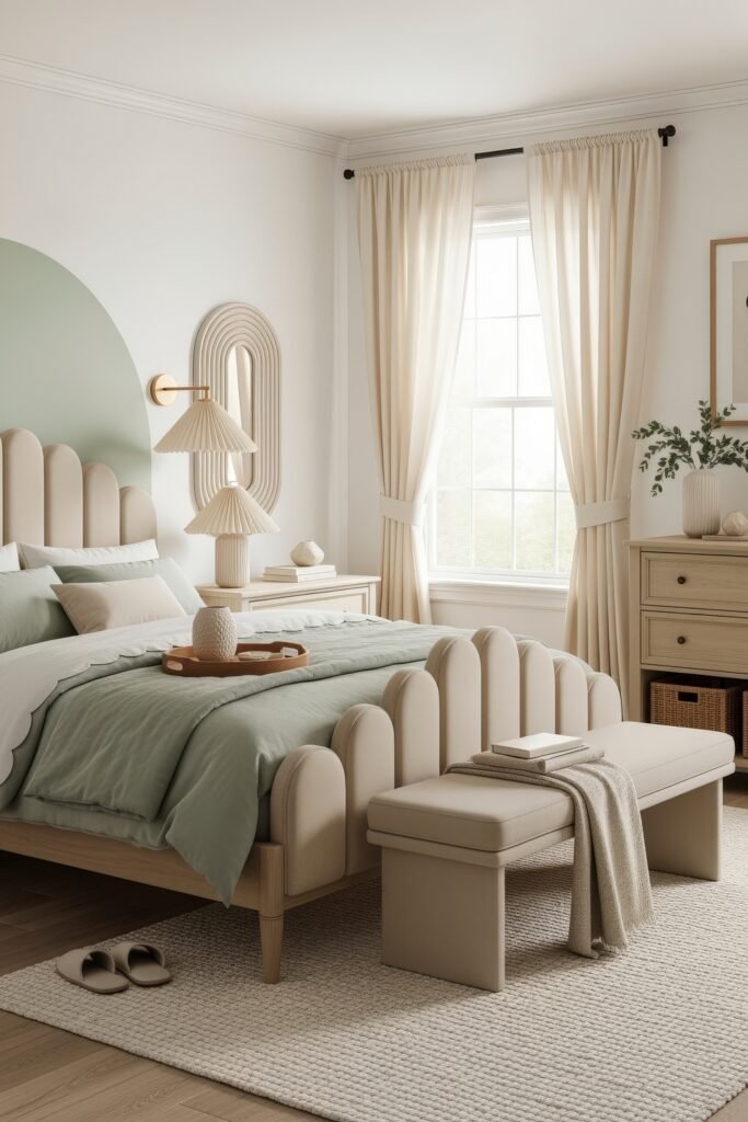 Contemporary bedroom with a scalloped upholstered headboard, sage green bedding, and soft cream furnishings for unique design inspiration.