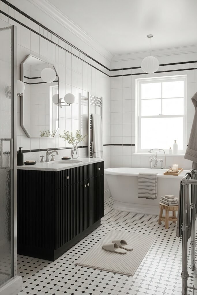 Fresh Ideas for Black and White Bathroom Decor 22 Bright and classic bathroom with a black slatted vanity, freestanding tub, and small patterned floor tiles, accented by a striped towel and clean white walls with dark trim.