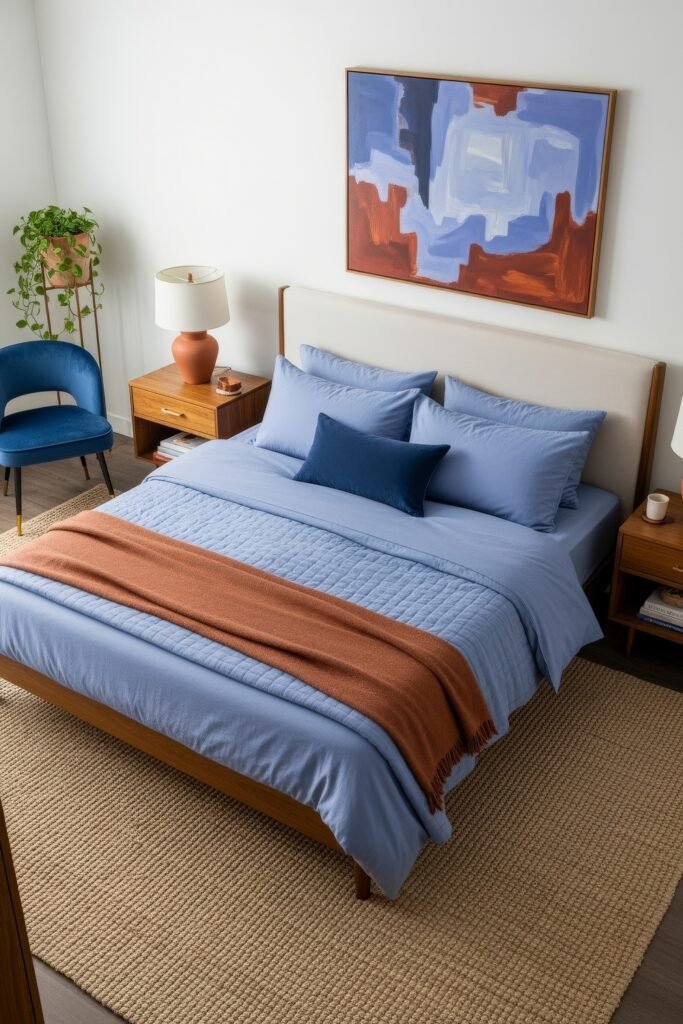 Fresh blue bedroom ideas for a calm, chic retreat 23 Bright bedroom with soft blue bedding, rust throw blanket, wood furniture, and abstract art featuring blue and orange hues.