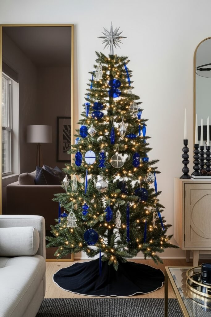 Cozy Holiday Magic With Blue Christmas Décor 21 Elegant Christmas tree decorated with cobalt blue and silver ornaments, topped with a starburst, standing in a modern living room with black and gold accents.