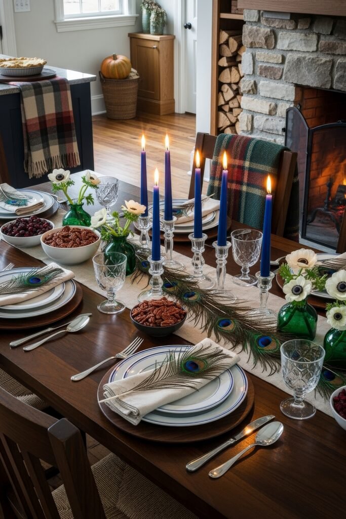 Fresh Ways to Style Blue Thanksgiving Table Décor 19 Warm holiday table near a fireplace, styled with blue candles, peacock feathers, pecans, cranberries, and green vases of white flowers.