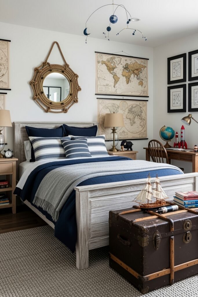 Breezy, Stylish Boys Bedroom Ideas for Modern Families 22 Nautical-inspired boys bedroom with striped navy bedding, map wall art, a rope-framed mirror, and model ship decor, perfect for kids who love travel and discovery.