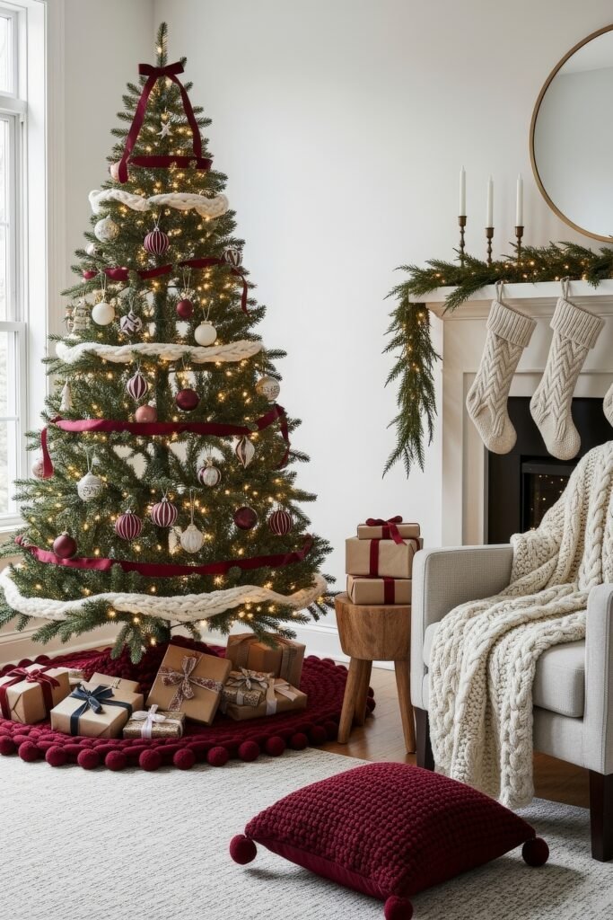 Cozy-Luxe Ideas for Burgundy Christmas Decor 21 Christmas tree decorated with burgundy ribbon, white knit garland, and striped ornaments beside a fireplace with stockings and wrapped gifts.
