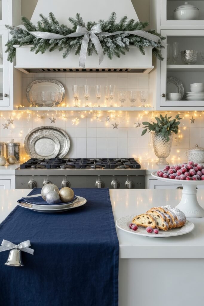 Cozy Ways to Style a Christmas Kitchen That Feels Magical 17 Elegant holiday kitchen with silver-ribboned pine garland, twinkle lights, and crystal glassware, complemented by sugared cranberries and stollen on a pristine white island.