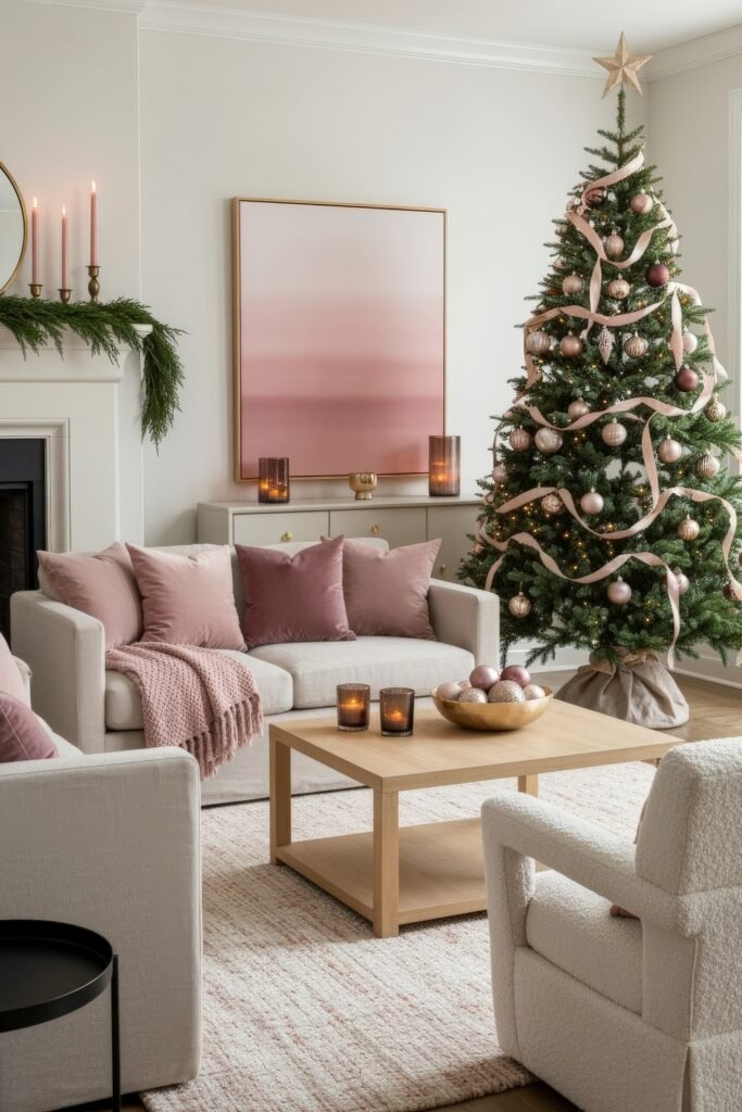 Cozy, Modern Magic for Your christmas living room 21 A cozy christmas living room with a tree decorated in blush and rose gold ornaments, a beige sofa with pink pillows, and a light wood coffee table with candles and ornaments.