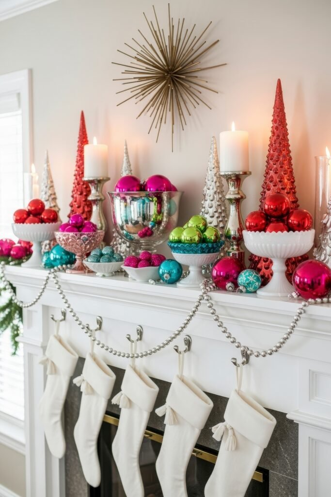 Vibrant holiday mantle overflowing with red, pink, green, and turquoise ornaments, metallic trees, candles, and five white stockings.