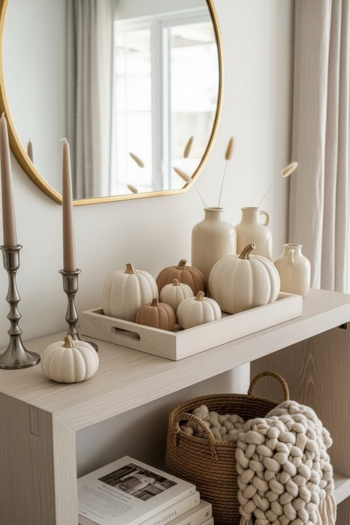 Modern, Cozy Ideas for Fall Thanksgiving Décor 22 A console table styled with white and tan pumpkins, ceramic vases, tall candles, and a basket with a chunky knit blanket for cozy Thanksgiving décor.