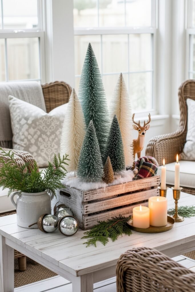Cozy Ways to Style Farmhouse Christmas Décor 20 Whitewashed crate centerpiece holding bottle brush trees, candles, greenery, and a small reindeer figure, styled on a farmhouse coffee table.