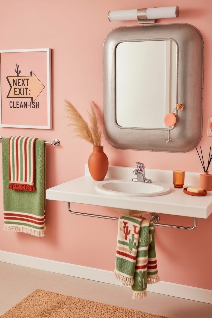 Small Changes, Big Smiles with funny bathroom decor 27 Southwestern-inspired bathroom decor with pink walls, striped cactus towels, and a framed “next exit: clean-ish” sign for a humorous funny bathroom decor vibe.