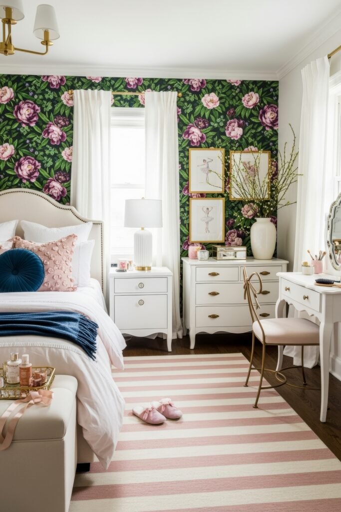 Fresh girls bedroom ideas for a stylish, cozy escape 23 Feminine bedroom with peony wallpaper, ballet artwork, and a mix of pink and navy accents against crisp white furniture.