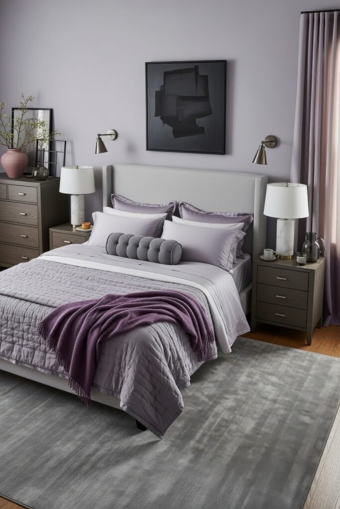 Grey bedroom ideas for a calm, stylish retreat 22 Contemporary lavender bedroom featuring a grey upholstered headboard, layered lilac bedding, purple throw, and dark wood furniture.