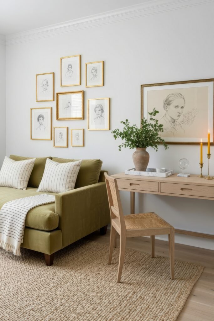 Clever Ways to Style a Home Office Guest Room Combo 20 Fresh and inviting combo space with an olive-green sofa bed, light wood desk, and portrait gallery wall, styled with striped cushions and greenery.