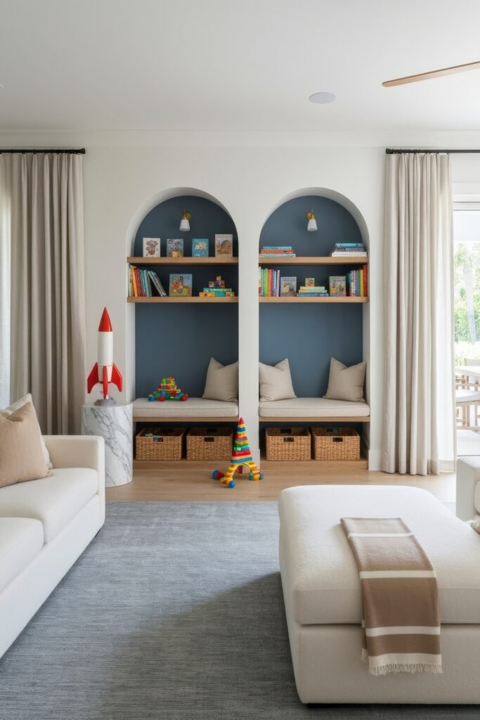 A Living Room Playroom Combo That Works 21 Bright living room playroom combo with arched alcoves painted blue, cushioned benches, woven baskets, and colorful toys including rockets and stacking cones.