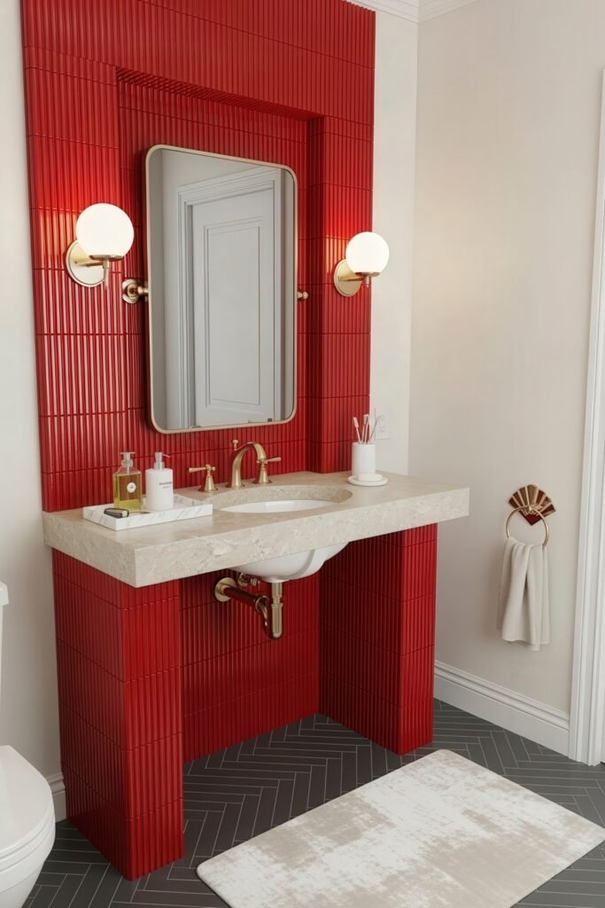 13 Bold Ideas for Red Bathroom Decor That Wow 22 Contemporary bathroom featuring a red tiled vanity wall, marble sink, and brass accents, styled with globe sconces and a sleek mirror.