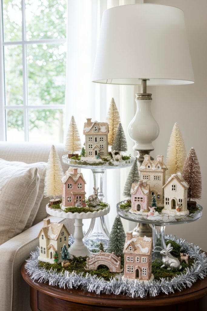 Cozy, Collected Magic With Vintage Christmas Decor Ideas 22 Small round table with tiered trays displaying pastel holiday village houses, bottlebrush trees, and animal figurines, creating a charming vintage Christmas décor idea.