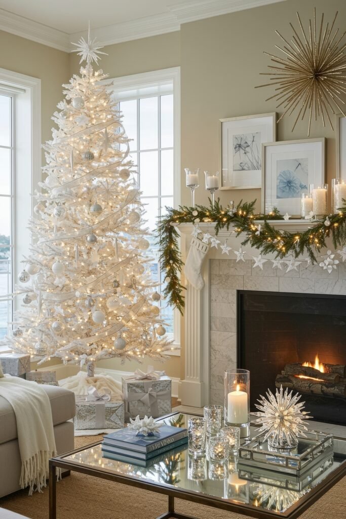 Bright holiday room featuring an all-white Christmas tree with silver ornaments beside a fireplace trimmed with garland, candles, and star accents, creating elegant white Christmas décor.