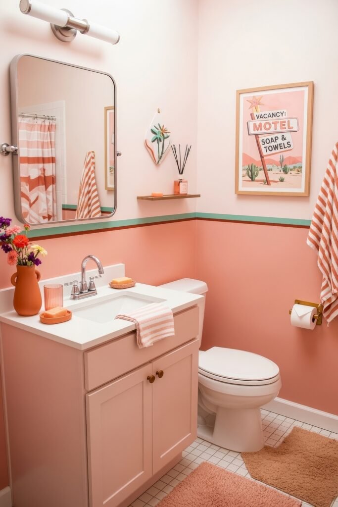 Small Changes, Big Smiles with funny bathroom decor 28 Bright bathroom decor with desert-themed details, striped towels, and a vintage motel-style sign promising soap and towels for a funny bathroom decor touch.