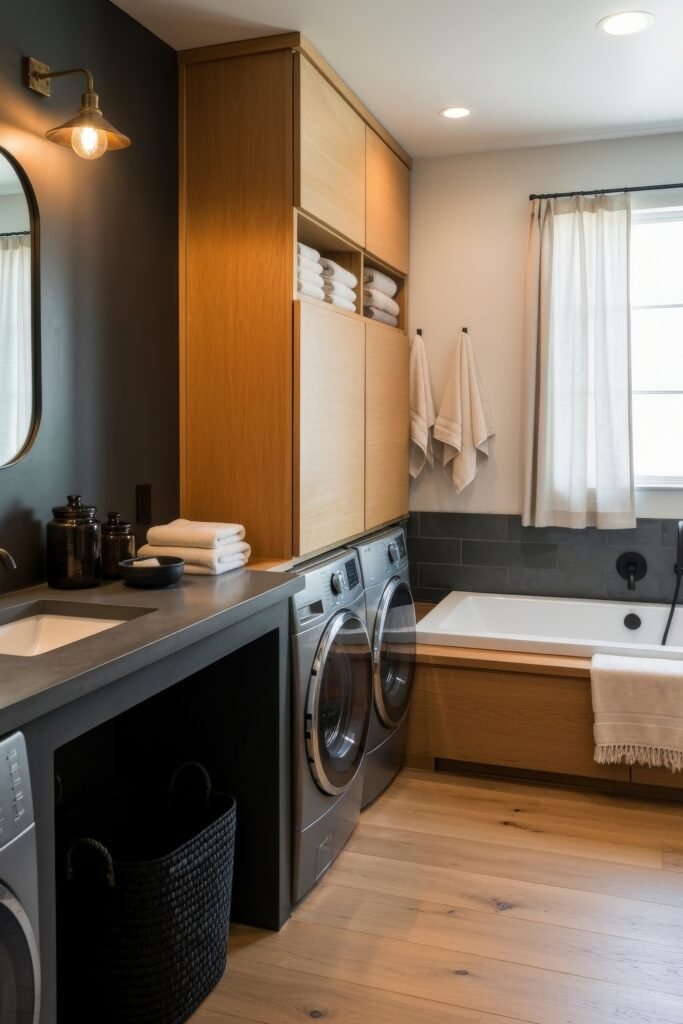 Stylish Small Spaces: Bathroom Laundry Combo 19 Contemporary bathroom with dark stone vanity, wood cabinetry, and a bathtub beside side-by-side stainless steel washer and dryer.