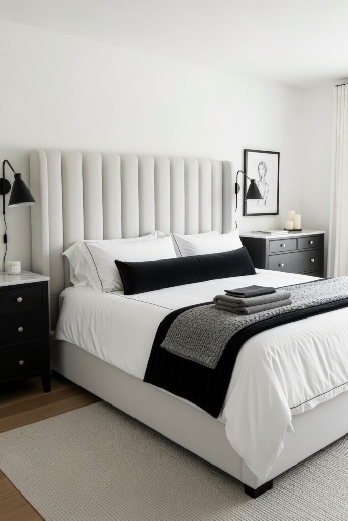 Modern bedroom with a tall white upholstered headboard, crisp white bedding layered with black and gray accents, and black furniture for contrast.
