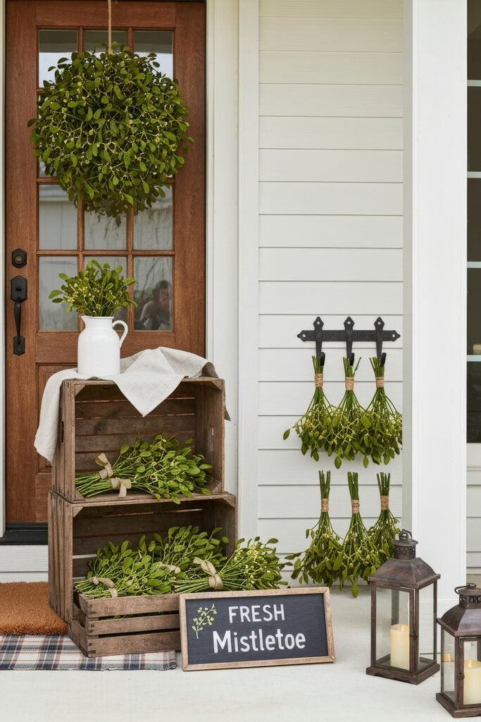 Cozy Entry Magic for christmas porch décor 20 Fresh mistletoe display on a porch with bunches tied on a wall rack, crates filled with sprigs, a large hanging mistletoe ball, rustic lanterns, and a handwritten sign.