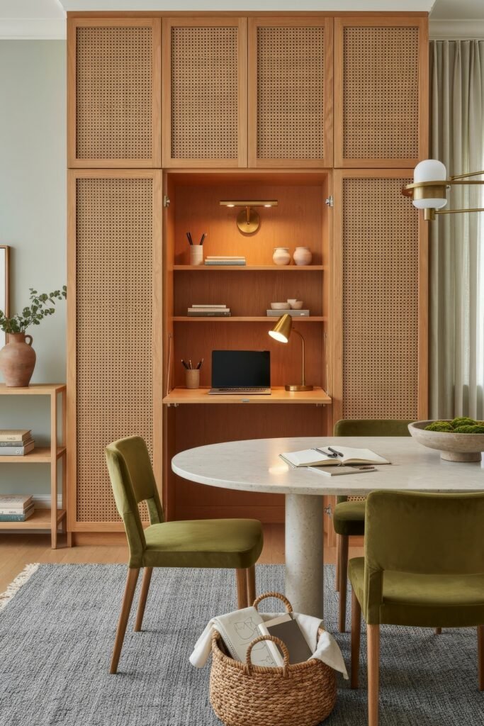 Design-Forward Ways to Style a Dining Room Office Combo 21 Dining room office combo with a hidden desk built into a rattan-front cabinet, a round stone table, and green velvet chairs.