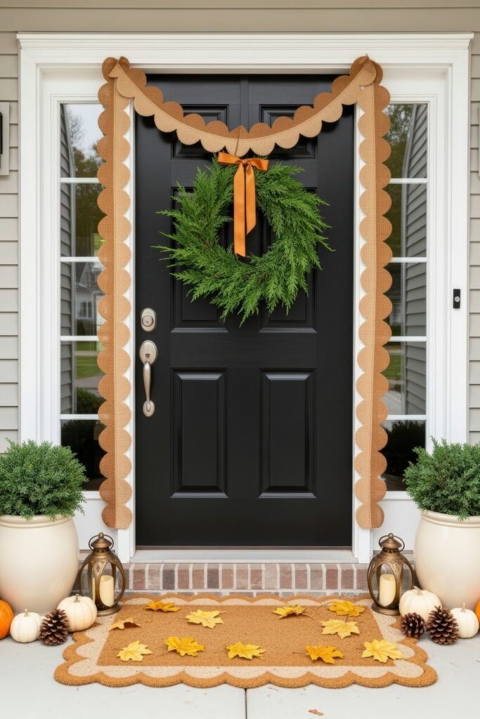 Warm, Modern Thanksgiving Door Decorations to Welcome Fall 16 Black front door trimmed with scalloped burlap garland and greenery wreath with orange ribbon, paired with pumpkins, pinecones, and lanterns for classic thanksgiving door decorations.