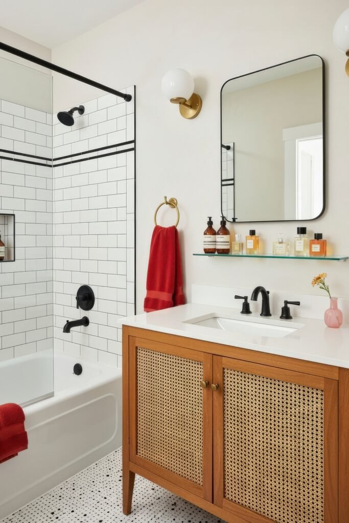 Fresh, Stylish Ways To Elevate Your Tub Shower Combo 20 Modern bathroom with a tub shower combo, white subway tiles bordered in black, matte black fixtures, wood vanity with cane doors, and bold red towels.