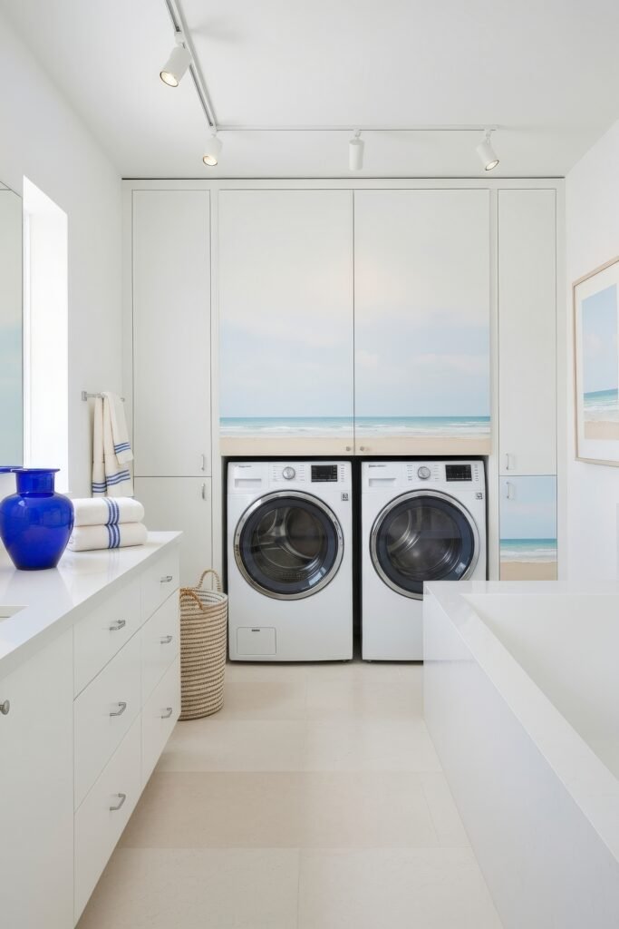 Stylish Small Spaces: Bathroom Laundry Combo 20 Coastal-style bathroom in white and blue, with beach mural cabinetry hiding a laundry nook, a soaking tub, and bright modern decor.