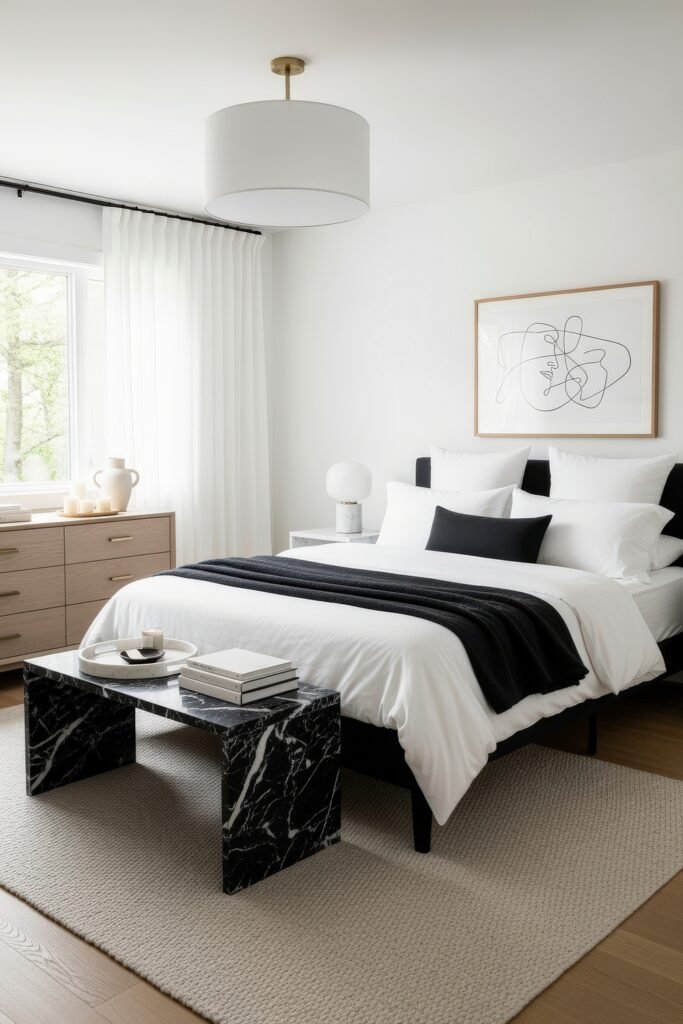 Bright space featuring a black bed with white linens, a sleek black marble bench at the foot, and a mix of light wood and marble accents.