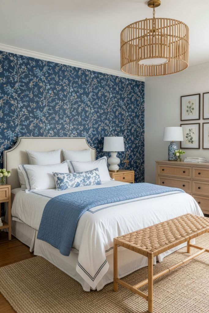 Fresh blue bedroom ideas for a calm, chic retreat 24 Elegant bedroom with navy floral wallpaper, white upholstered headboard, light blue quilt, and wicker bench at the foot of the bed.