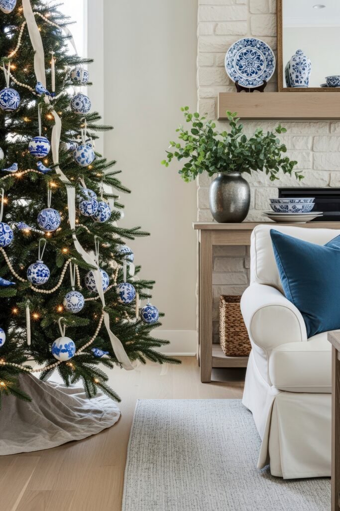 Cozy Holiday Magic With Blue Christmas Décor 22 Cozy living space with a Christmas tree adorned with blue and white porcelain-style ornaments, paired with neutral ribbon and beaded garland for a refined blue Christmas décor.