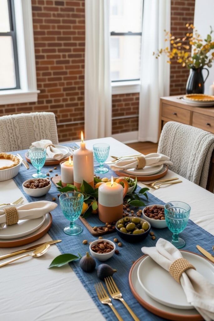 Fresh Ways to Style Blue Thanksgiving Table Décor 20 Rustic-chic Thanksgiving table with blue glassware, white candles, nuts, olives, figs, and citrus greenery on a denim runner.
