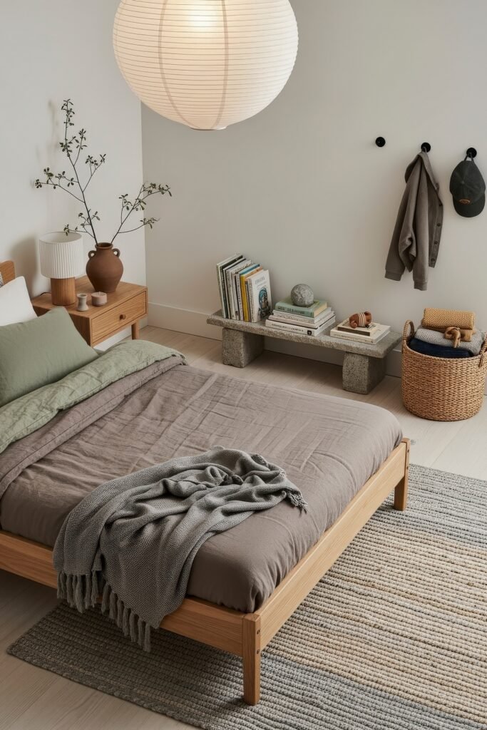 Breezy, Stylish Boys Bedroom Ideas for Modern Families 23 Minimalist boys bedroom with a low-profile wood bed, earth-toned linens, soft textures, and natural decor accents, offering a serene and grounded sleeping space.