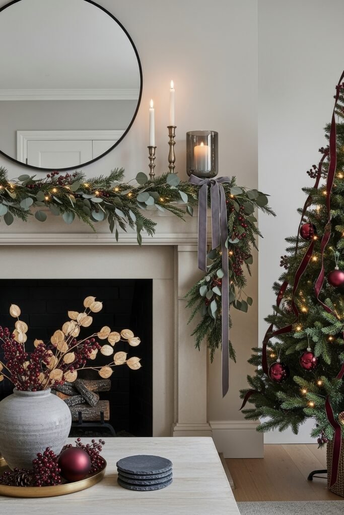 Cozy-Luxe Ideas for Burgundy Christmas Decor 22 Fireplace mantel draped with eucalyptus and berry garland, tall candles, and a Christmas tree adorned with burgundy baubles.