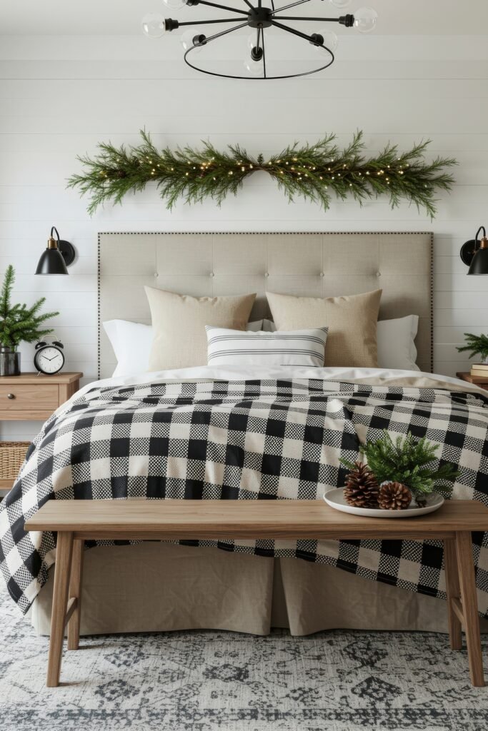 Elevate Your Bedroom with Cozy Christmas Bedding 22 Neutral bedroom with beige headboard, black and white buffalo check bedding, and simple holiday décor featuring pinecones and glowing garland.