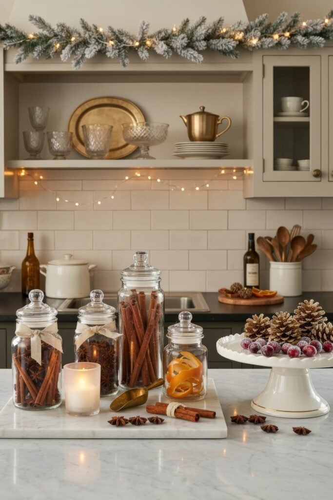 Cozy Ways to Style a Christmas Kitchen That Feels Magical 18 Rustic holiday kitchen scene with jars of cinnamon sticks, star anise, and orange peels, set against warm lighting, pinecone accents, and frosted greenery above the stove.