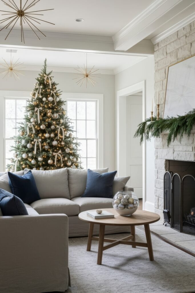 Cozy, Modern Magic for Your christmas living room 22 A festive living room featuring a glowing Christmas tree in gold and silver, navy accent pillows on neutral sofas, and a stone fireplace with fresh greenery.