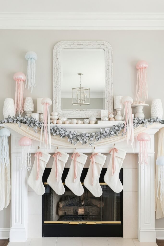 Whimsical under-the-sea inspired mantle with pastel jellyfish decorations, silver garland, glowing candles, and five white stockings with pink bows.