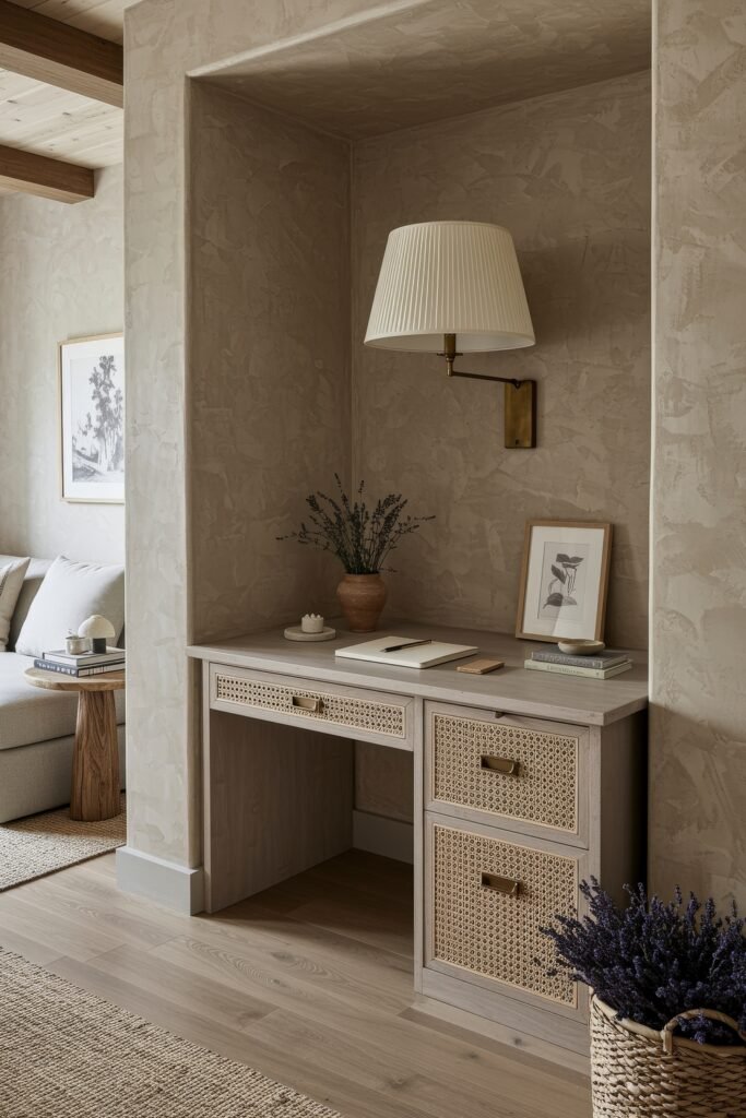 Closet Office (Cloffice) Ideas For A Chic, Calm Workspace 23 Rustic-inspired desk nook with cane-front drawers, textured plaster walls, and a pleated wall sconce above.