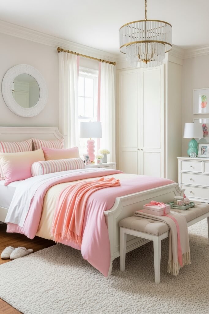 Fresh girls bedroom ideas for a stylish, cozy escape 24 Bright pastel bedroom with striped pink bedding, soft peach accents, and a tufted bench for a chic feminine touch.