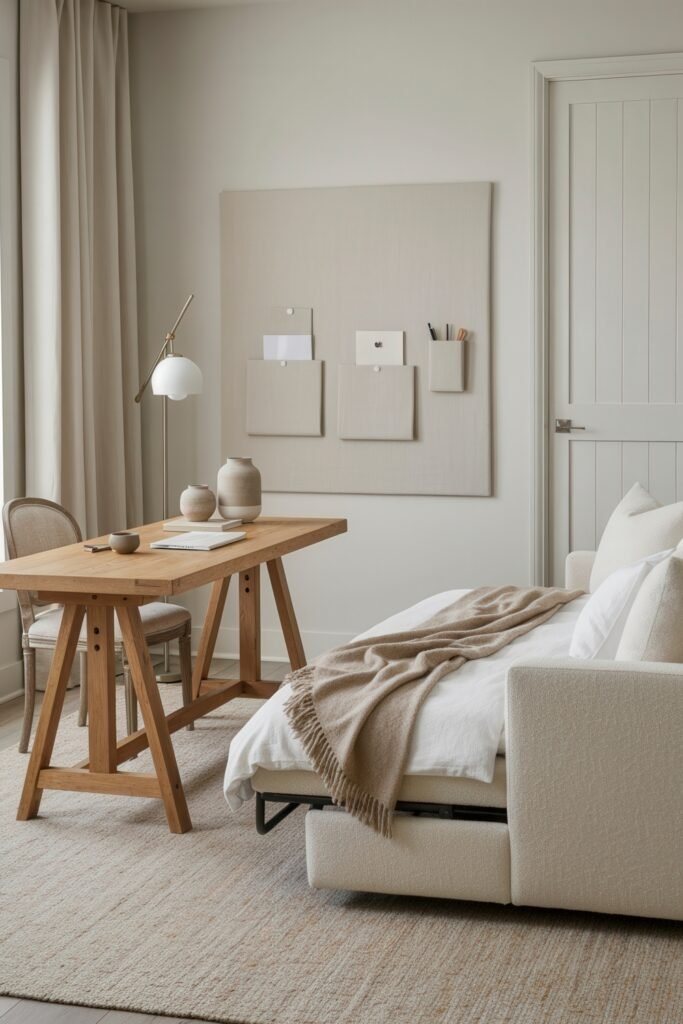 Clever Ways to Style a Home Office Guest Room Combo 21 Soft and neutral home office guest room combo with a pull-out sofa bed, wood trestle desk, and wall organizers blending seamlessly into the light palette.